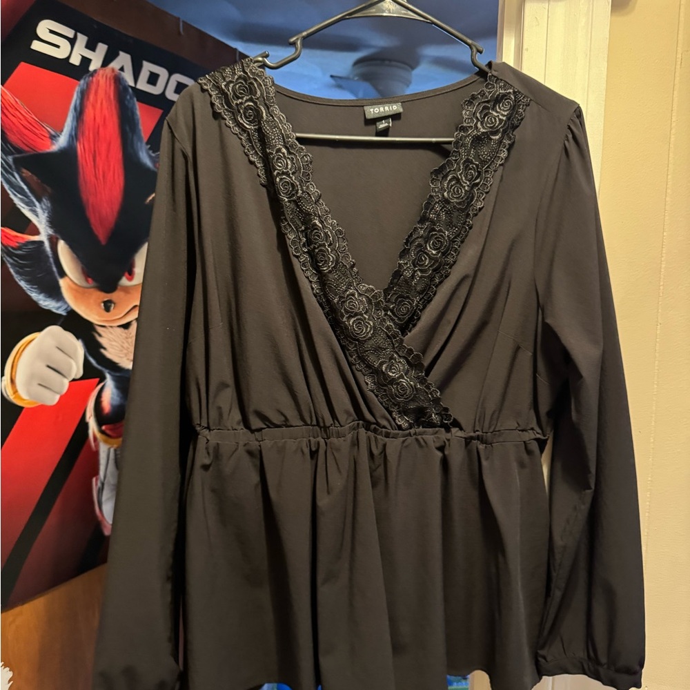 Torrid Black V-Neck Blouse with Lace Detail